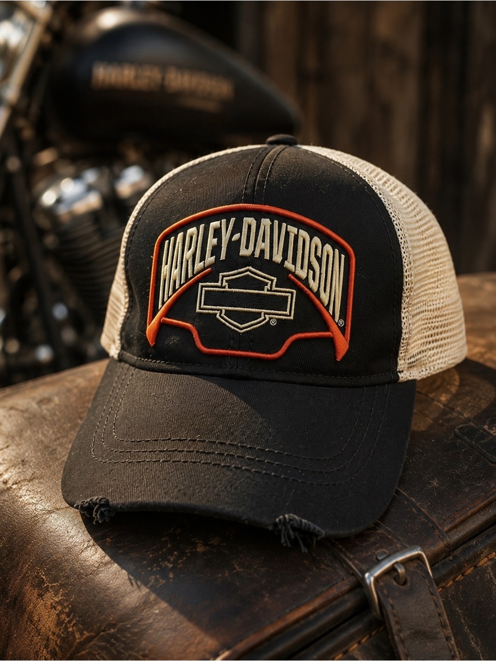 Harley-Davidson Black & Cream Mesh Trucker Hat Distressed Snapback Y2K